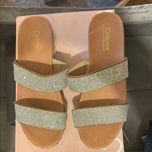 Catherines Gold Sandals with Rhinestone Embellishments